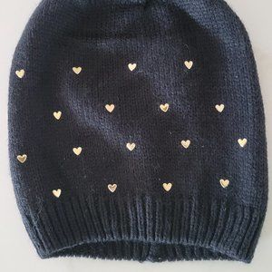 One Size Black Beanie with Gold Hearts
